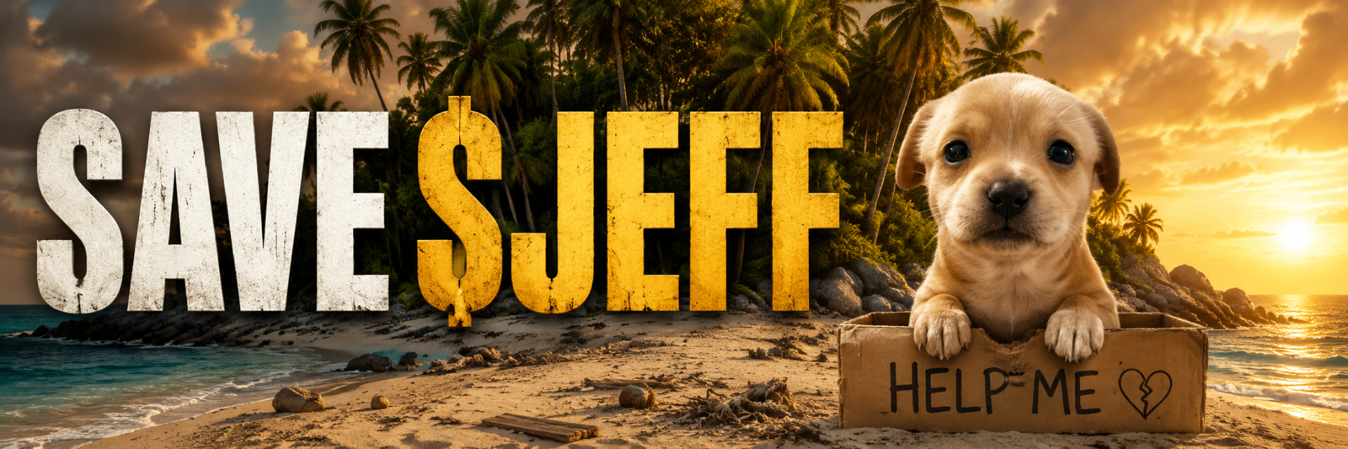 Jeff, a small puppy stranded on a sunset beach island, holding a cardboard sign that says HELP ME